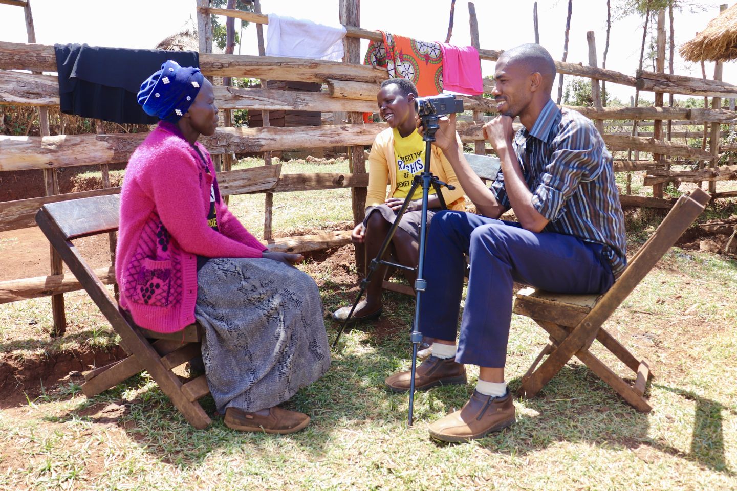 Journalist Gerald Matembu (left) interviewing two Benet women— Rael Kokop (left) and her daughter, Scovia Chelengat, in Kween district, eastern Uganda.